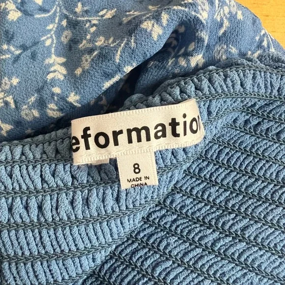 Reformation Elle Dress Blue Floral Smocked Mini Square Neck Puff Sleeve Size 8 - Picture 6 of 9